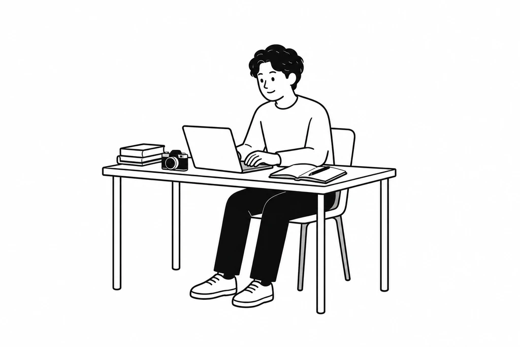 カメラやパソコンと伊藤考矢を描いた線画